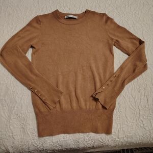 Zara Tan Crewneck Sweater with Button Cuffs